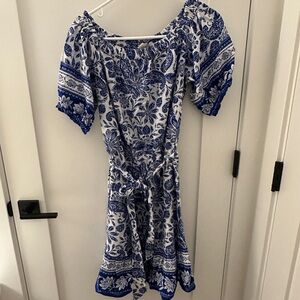 Blue and White Floral tie waist Dress by Loft